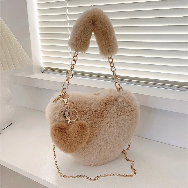 Faux Fur Heart-Shaped Shoulder Bag