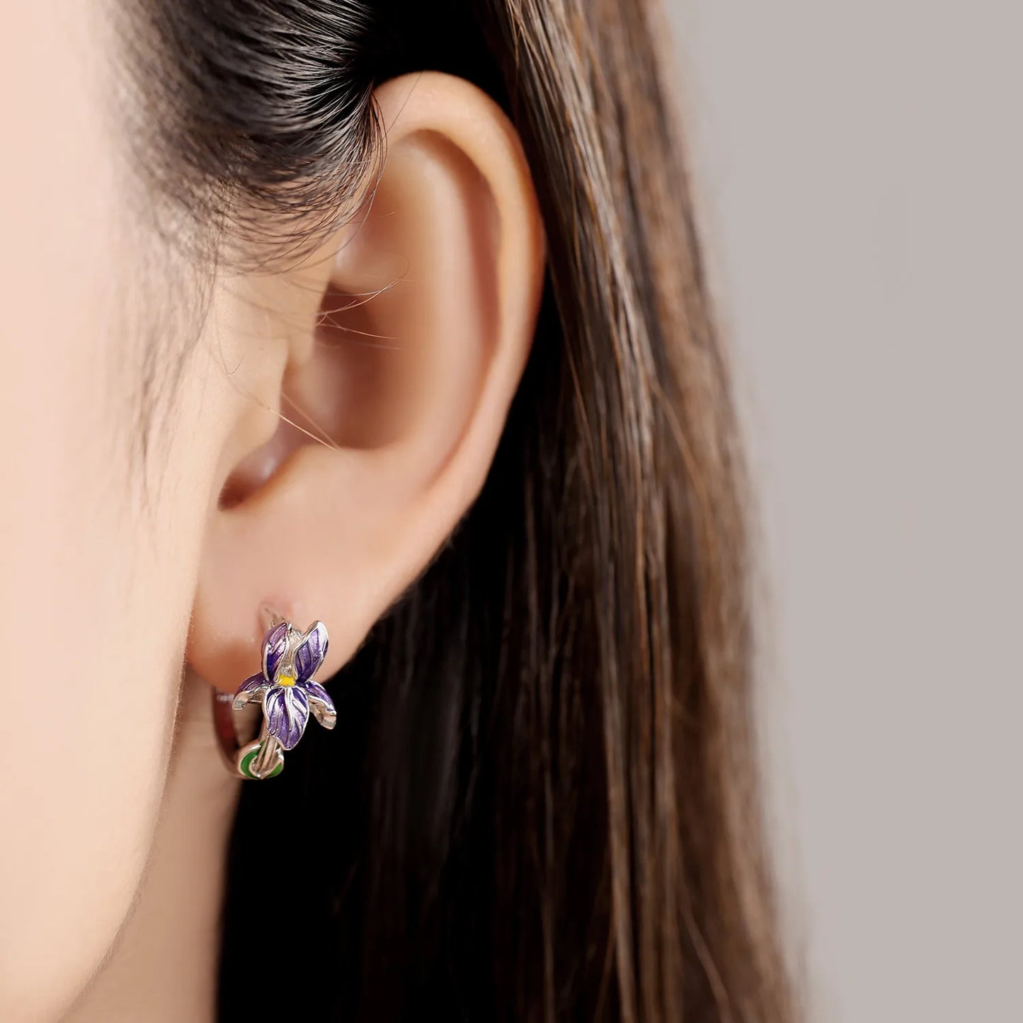 Sterling Silver Purple Flower Hoop Earrings