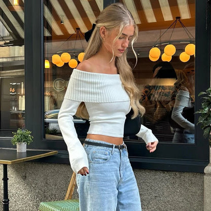 Elegant Off-Shoulder Ribbed Crop Top
