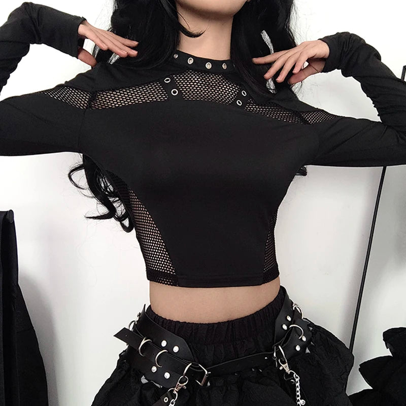 Gothic Mesh Patchwork Crop Top