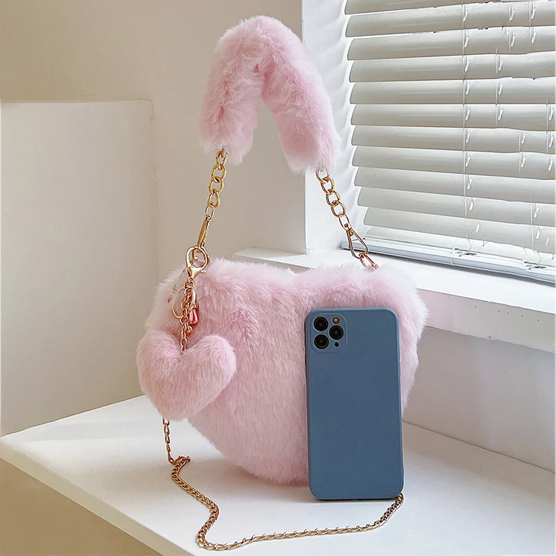 Faux Fur Heart-Shaped Shoulder Bag