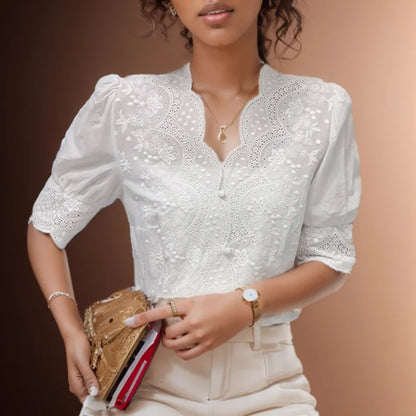 Embroidered Puff Sleeve Cotton-Linen Blouse