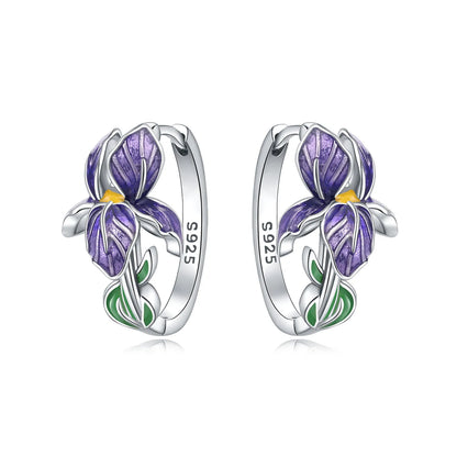 Sterling Silver Purple Flower Hoop Earrings