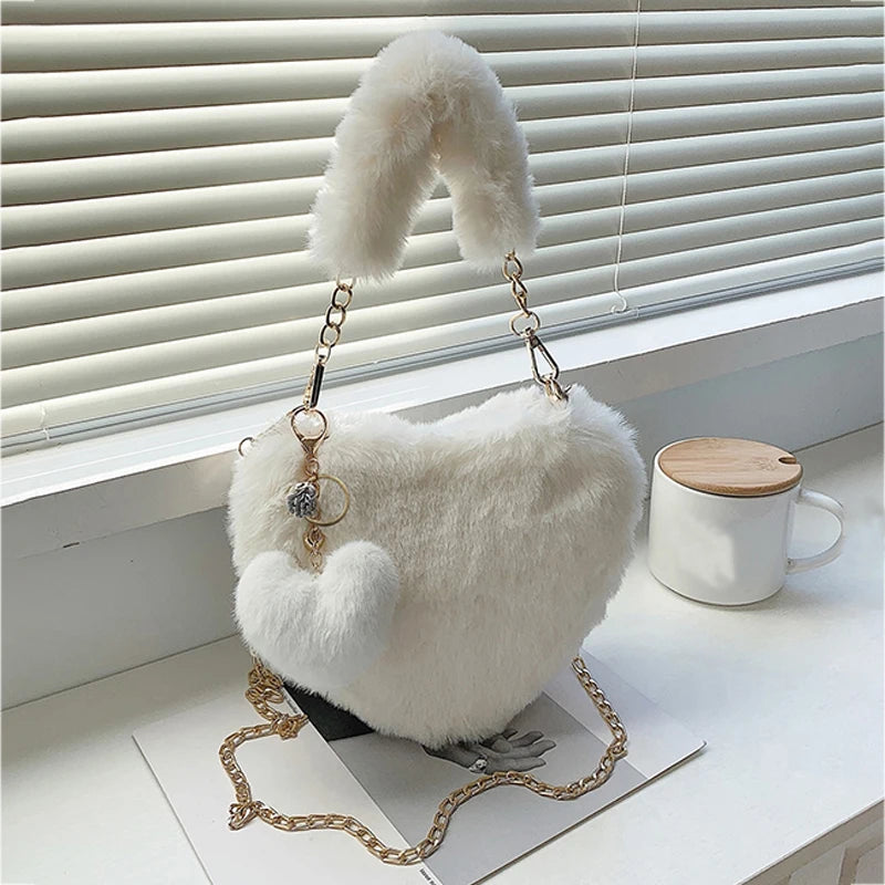 Faux Fur Heart-Shaped Shoulder Bag