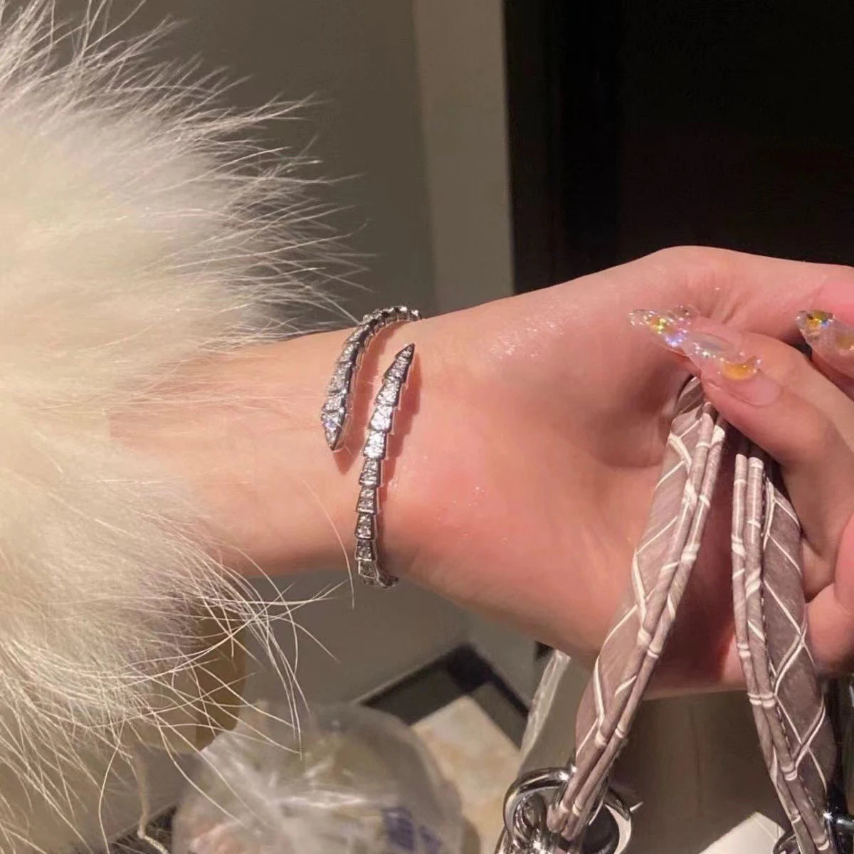 Fashion Snake Bone Open Bracelet with Cubic Zirconia