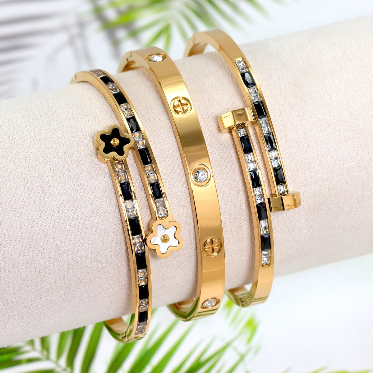 3Pcs/Set Stainless Steel Clover, Flower & Cross Nail Bracelets